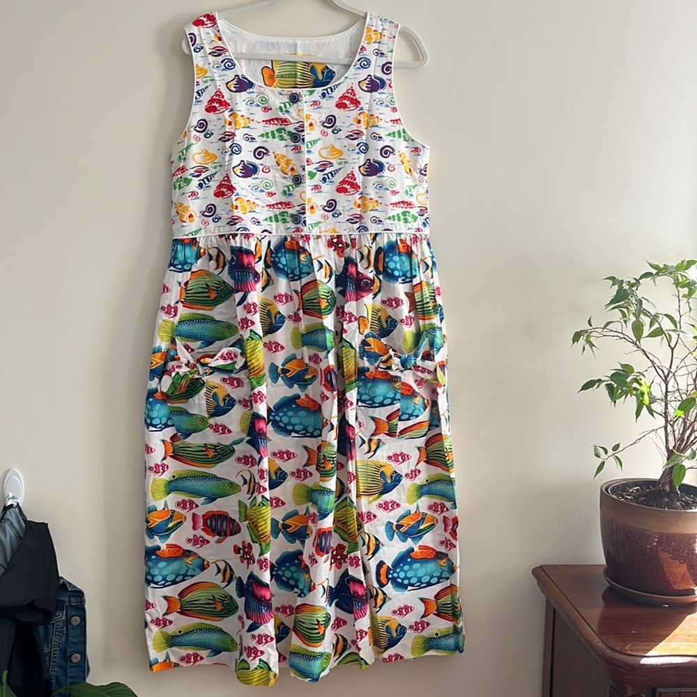 Vintage Colorful Fish Print Midi Dress